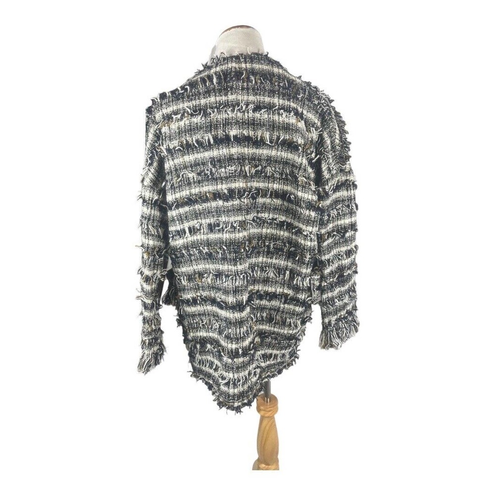 Zara Tweed Open Front Fringe Navy Blazer Jacket S‎ Oversized - Picture 3 of 6